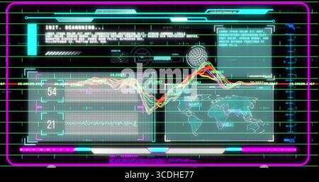 Displaying neon holographic HUD projecting world map, line graph and scanning reticle on screen Stock Photo