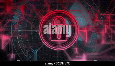 Displaying neon red padlock icon securing network in grid interface, with UI circles, red triangles Stock Photo