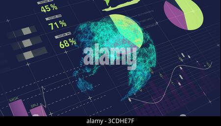 Neon aqua wireframe globe rotating in dark grid dashboard, with pie charts, bars, graph, labels Stock Photo