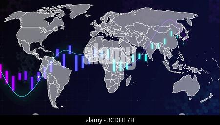 Displaying world map on dashboard, with colorful candlestick bars, neon line, numeric data markers Stock Photo