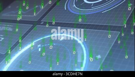 Displaying holographic interface streaming binary code on dark grid, with circular panels Stock Photo