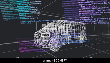 Rendering wireframe van model floating over dark grid floor in 3D workspace, with code lines Stock Photo