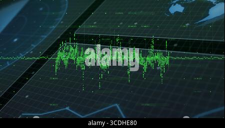 Displaying green waveform pulsing on display, with gridlines, labels, trend line and world map HUD Stock Photo
