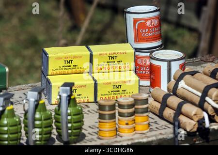 TNT Explosives used in WW2, Part of a Re-enactment display at the Yorkshire Wartime Experience, UK Stock Photo