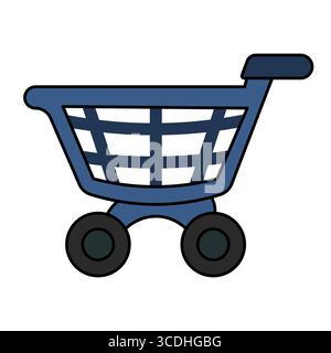 Shopping Cart Icon Illustration. The cart features a sturdy rectangular basket with a grid pattern, two large round wheels and a handlebar for pushing Stock Vector