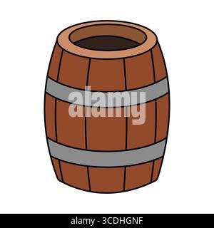 Wooden Barrel Vector Illustration. The barrel is drawn in a cartoon style design with warm brown wooden planks and gray steel hoops. Stock Vector