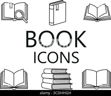 book icons set for education and reading design elements in black and white outline style, perfect for designers Stock Vector