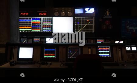 NASA Space Shuttle Mission Control Room with Countdown and Telemetry Displays Stock Photo