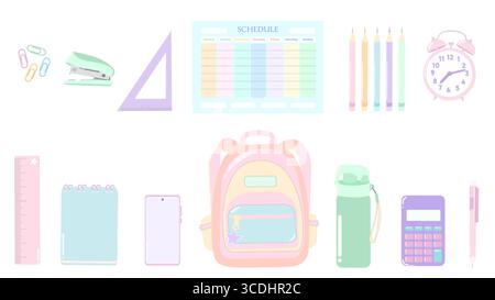 Pastel back-to-school supplies layout with backpack and stationery essentials Stock Vector
