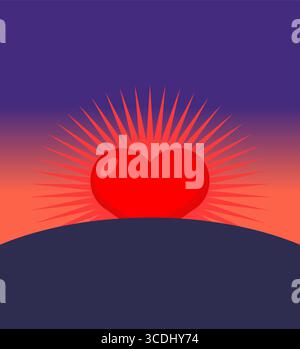 Bright red heart rising over horizon with radiant rays, symbolizing hope, love, and new beginnings in relationships or emotions. Stock Vector