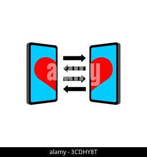 Two smartphones exchanging hearts, symbolizing online dating, digital relationships, and long-distance love. Minimalist design for romance, communicat Stock Vector