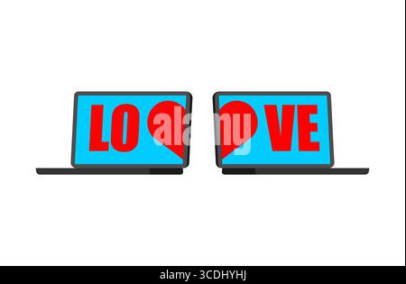 Two laptops displaying the word LOVE split between screens, symbolizing online romance, virtual dating, and digital connection. Great for long-distanc Stock Vector