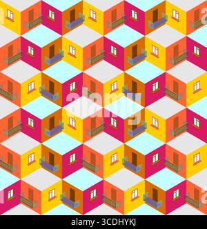Colorful abstract houses in isometric perspective pattern. Suitable for real estate, architecture, housing market, and design concepts. Stock Vector