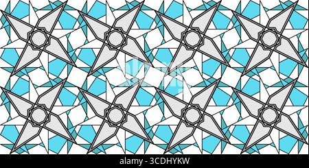Blue white geometric polygonal seamless pattern. Complicated texture background. Interlaced illusion stars ornament. Stained glass square blocks. Mono Stock Vector