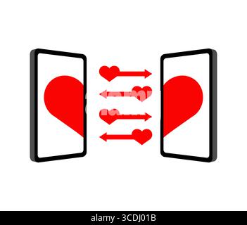 Two smartphones with halves of a heart, symbolizing online love, long-distance relationships, and digital romance. Stock Vector