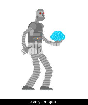 Retro robot holding AI brain, symbolizing artificial intelligence, machine learning, and human-computer collaboration. Great for tech, robotics, and A Stock Vector