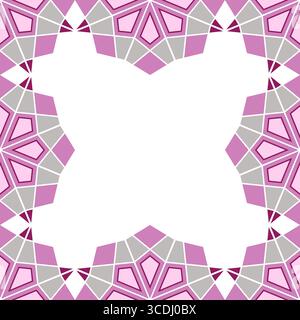 Geometric floral frame in shades of pink. Mosaic ornament of polygonal shapes. Half round floral motif on white background. Complicated colorful backg Stock Vector