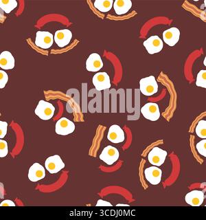 Seamless vector pattern of breakfast faces made from bacon, eggs, and sausages. Fun and creative food design perfect for packaging, cafe branding, and Stock Vector