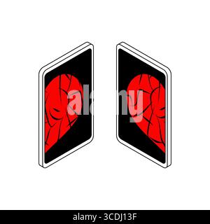 smartphones with a broken heart between them, symbolizing breakup, digital relationships, and online communication issues. Ideal for social media, rom Stock Vector