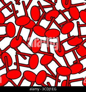 Seamless pattern of red stools on white background, symbolizing furniture design, cafe decor, and modern interior style. Stock Vector