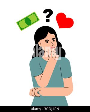thoughtful woman deciding between heart and money. Symbolizes dilemma, choice, relationship vs finance, and decision-making. Perfect for love or busin Stock Vector