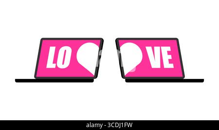 two laptops displaying “LOVE” on screens, symbolizing online dating, virtual romance, and long-distance relationships. Perfect for modern communicatio Stock Vector