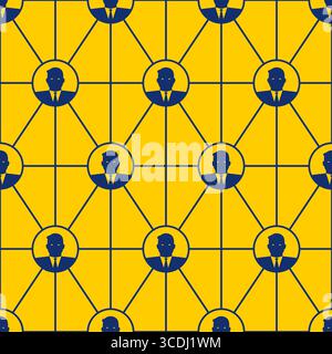 Seamless pattern with connected people icons on yellow background, symbolizing corporate network, communication, teamwork, and social structure. Ideal Stock Vector