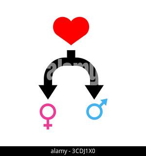heart with arrows pointing to male and female symbols, representing attraction, relationships, dating, and gender connection. Ideal for romance, love, Stock Vector