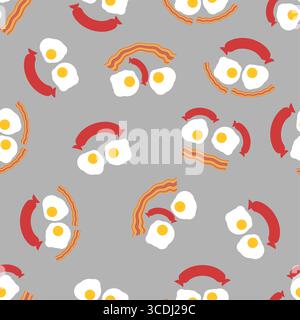 Seamless breakfast pattern with smiling faces made from fried eggs, bacon strips, and sausage. Perfect for textiles, kitchen decor, packaging, and che Stock Vector