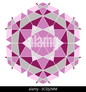 Complex hexagonal mosaic tiles. Pink gray ornate polygonal snowflake vector illustration. Geometrical round mandala on white background. Isolated wint Stock Vector