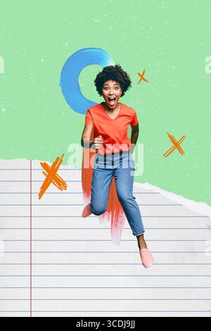 Poster trend collage of person stand run on green background with notebook page geometry signs Stock Photo
