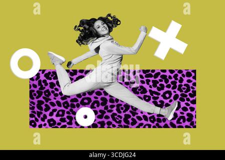 Trend poster collage of person run sit on yellow background with 3d elements Stock Photo