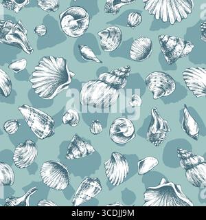 Elegant seamless pattern with assorted seashells in white over turquoise background, hand drawn line art illustration in black ink, perfect for marine Stock Vector