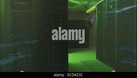 Illuminating empty datacenter corridor, with server racks, LED lights, cable trays, ducts and vents Stock Photo