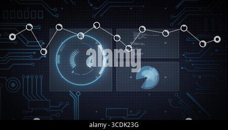 Showing interface overlaying dark blue circuit grid, with glowing circular gauge and data panels Stock Photo