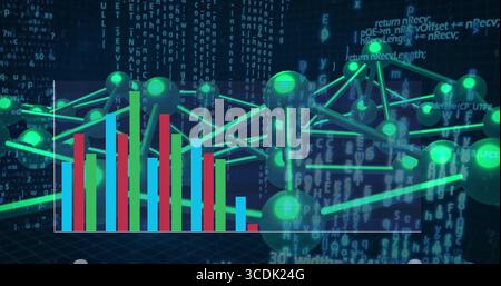 Rendering glowing green nodes and rods in virtual interface, with bar chart and code streams Stock Photo