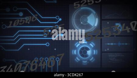 Displaying four HUD panels on grid with glowing traces and gold numeric overlays, copy space Stock Photo