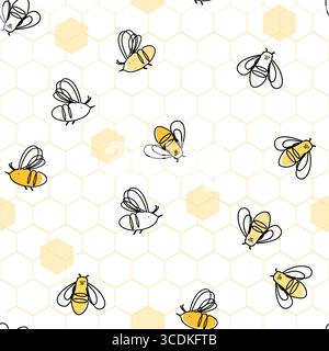 Linear cartoon honey bees on honeycombs seamless pattern. Vector background illustration Stock Vector