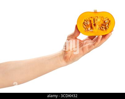 sliced kuri squash in hand path isolated on white Stock Photo