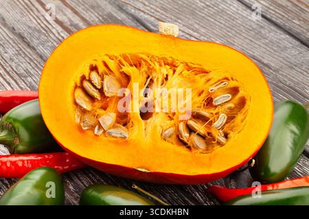 sliced kuri squash on wood background Stock Photo