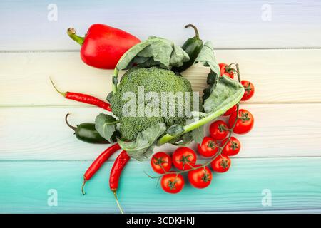 broccoli vegetable mix on wood background top view Stock Photo