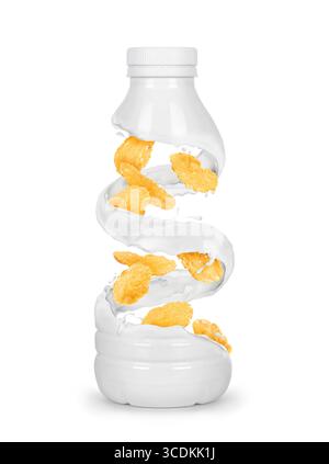 Oat flakes rotate in milk splashes in the shape of a bottle, conceptual image isolated on white background Stock Photo