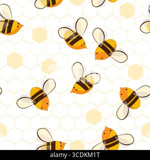 Cute cartoon honey bees on honeycombs seamless pattern. Vector background illustration. Stock Vector