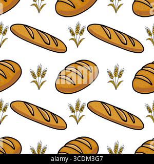 Seamless vector pattern featuring hand-drawn illustrations of golden-brown loaves and baguettes, interspersed with stylized wheat stalks, creating a r Stock Vector