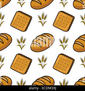 Seamless vector pattern of bakery products: loaves of bread, crackers, and wheat ears, designed in a hand-drawn cartoon style with warm brown and gold Stock Vector