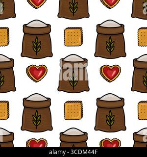 Seamless vector pattern featuring charming hand-drawn illustrations of flour sacks, square crackers, and heart-shaped cookies, creating a delightful a Stock Vector
