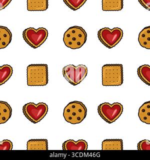 Delightful Seamless Vector Pattern of Assorted Cookies: Heart-Shaped, Square Crackers, and Chocolate Chip Delights, Perfect for Packaging or Festive D Stock Vector