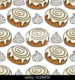 Delicious Seamless Vector Pattern of Cinnamon Rolls with Creamy Frosting, Perfect for Bakery Branding and Sweet Treats Designs Stock Vector