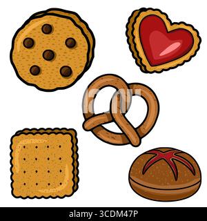 A delightful vector illustration featuring a charming collection of assorted bakery items, including chocolate chip cookies, heart-shaped biscuits, pr Stock Vector