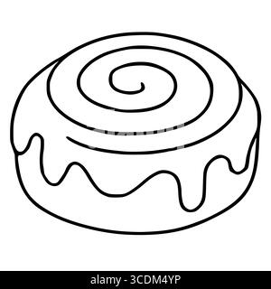 A vector illustration of a cinnamon roll with a spiral swirl topping and a dripping icing design, showcasing a minimalist black and white line art sty Stock Vector
